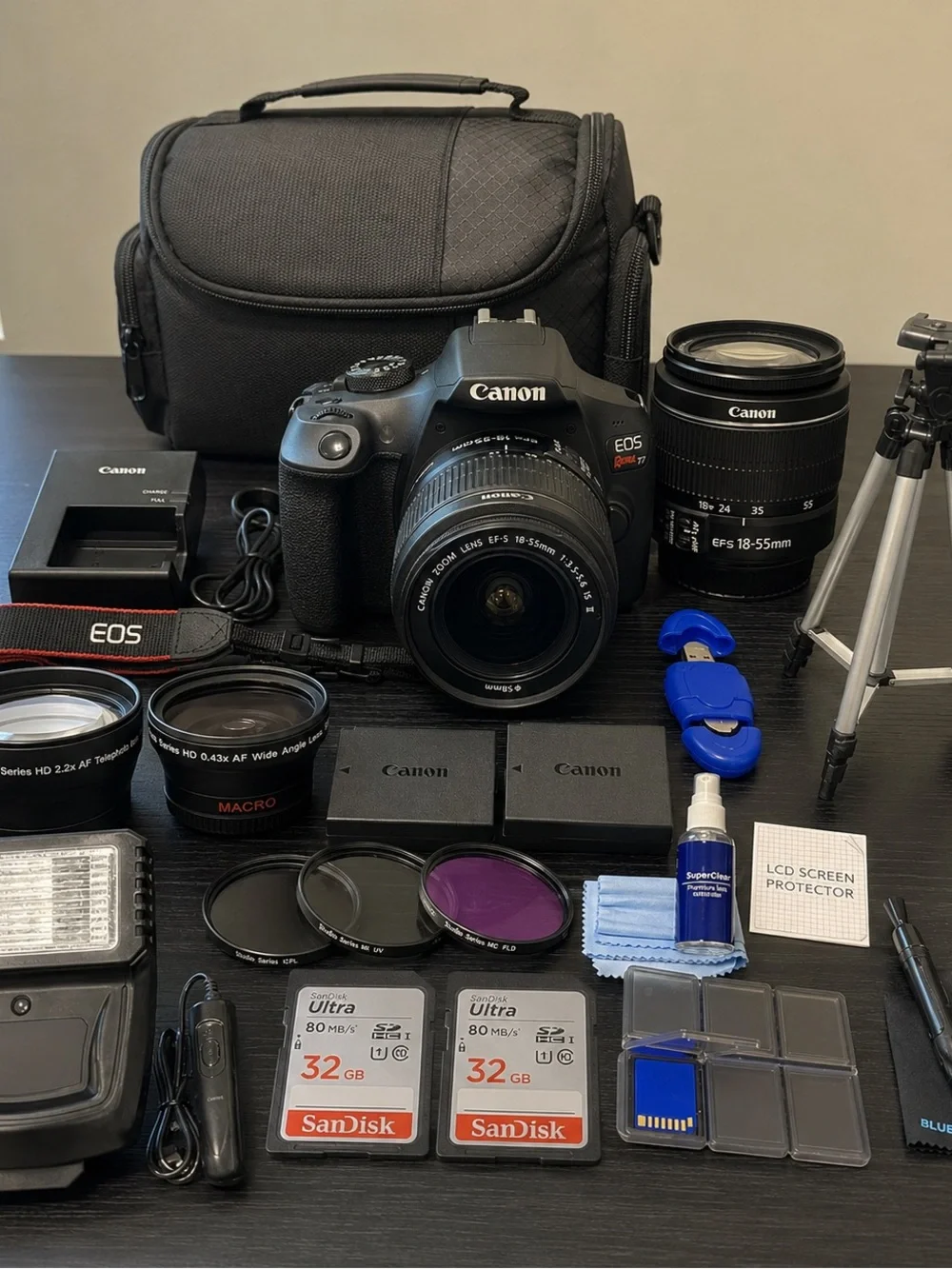 Canon DSLR Camera Kit with Black Body and Blue Accessories